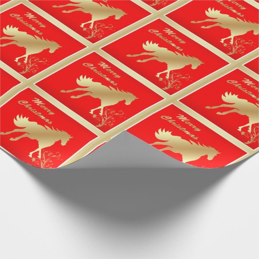 Goldpferd auf roten frohen Weihnachten Geschenkpapier (Ecke)