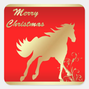 Goldpferd auf roten frohen Weihnachten Quadratischer Aufkleber