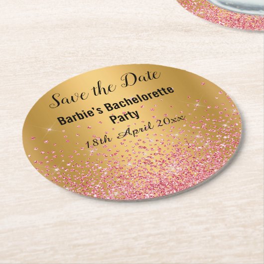 GOLDPINK SPARKLE ELEGANT SAVE THE DATE RUNDER PAPPUNTERSETZER (Angewinkelt)