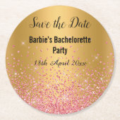 GOLDPINK SPARKLE ELEGANT SAVE THE DATE RUNDER PAPPUNTERSETZER (Vorderseite)