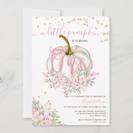 Goldpinke Blumenkürbis Aquarellfarbe erster Geburt Einladung (Vorderseite)