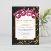 Goldpinke Geburtstagsmasquerade Party Einladung (Stehend Vorderseite)
