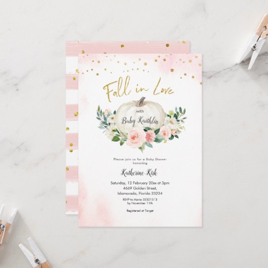 Goldpinken Pumpkin Fall in Liebe Kinderdusche Einladung (Vorderseite/Rückseite Beispiel)