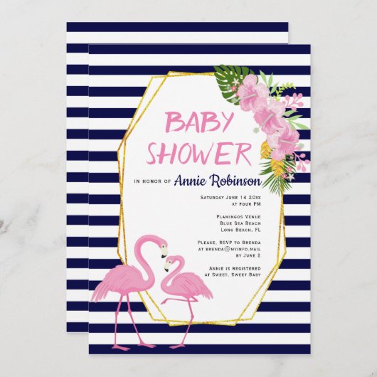 Goldpolygon, flamingos-blaue Babydusche Einladung (Vorne/Hinten)