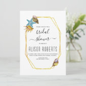 Goldpolygon seashells Beach Hochzeitsfest Brautpar Einladung (Stehend Vorderseite)