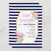 Goldpolygon, Teacups, blaue Blütendusche Einladung (Vorne/Hinten)