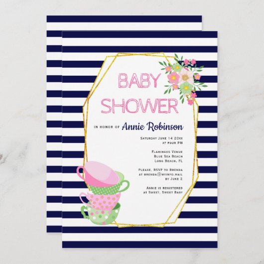 Goldpolygon, Teacups, blaue Blütendusche Einladung (Vorne/Hinten)