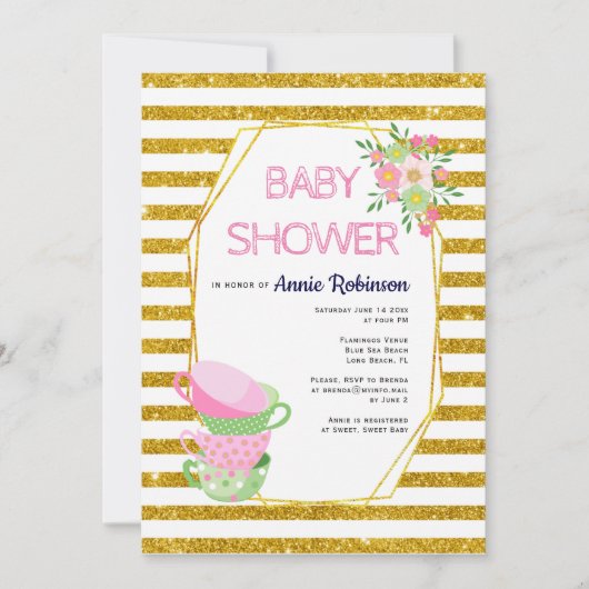 Goldpolygon, Teebecher, Blütendusche aus Glitzer Einladung (Vorderseite)