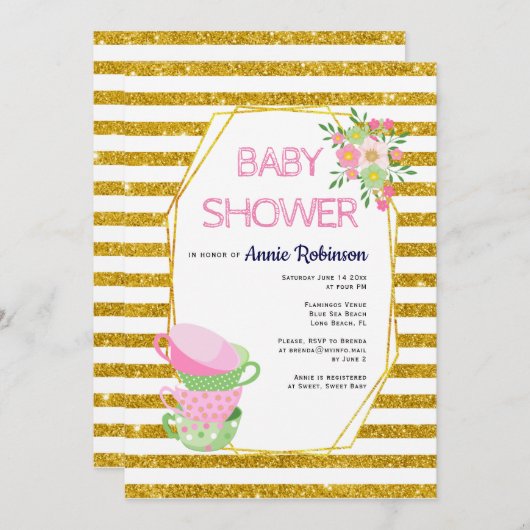 Goldpolygon, Teebecher, Blütendusche aus Glitzer Einladung (Vorne/Hinten)