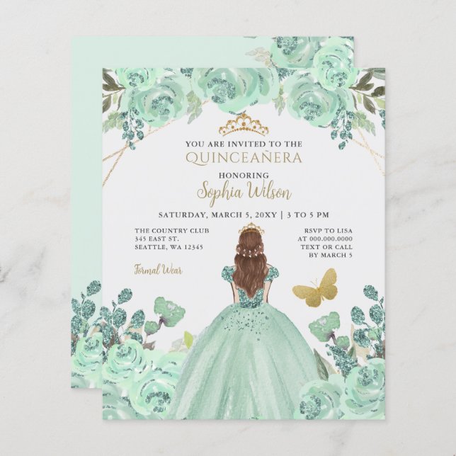 Goldprinzessin Quinceañera Einladung (Vorne/Hinten)