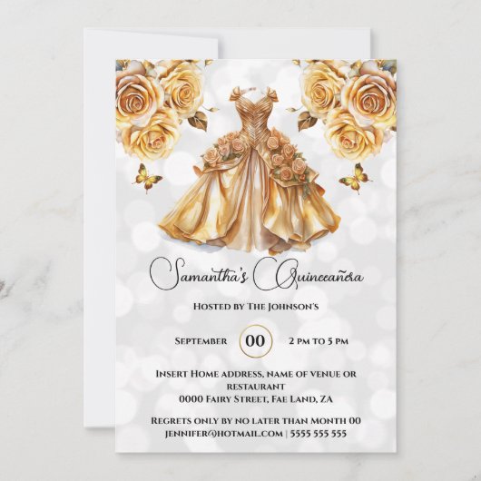 Goldprinzessin Quinceañera Fantasy Ballgow Rose Einladung (Vorderseite)