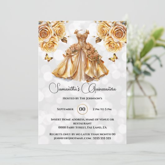 Goldprinzessin Quinceañera Fantasy Ballgow Rose Einladung (Stehend Vorderseite)
