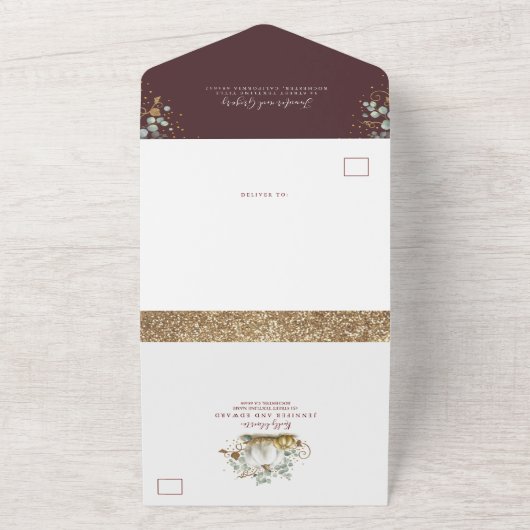 Goldpumpen Eucalyptus Fall Burgundy Red Wedding All In One Einladung (Außenbereich)