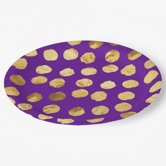 Goldpunkte im Hintergrund Lila Pappteller (Schrägansicht)