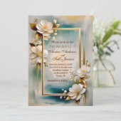 Goldrahmen aquamarine Blume Hochzeit Einladung (Stehend Vorderseite)