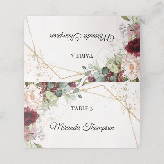 Goldrahmen aus Eukalyptus-Blüten und Bordeaux Platzkarte (Außenseite Aufgefaltet)