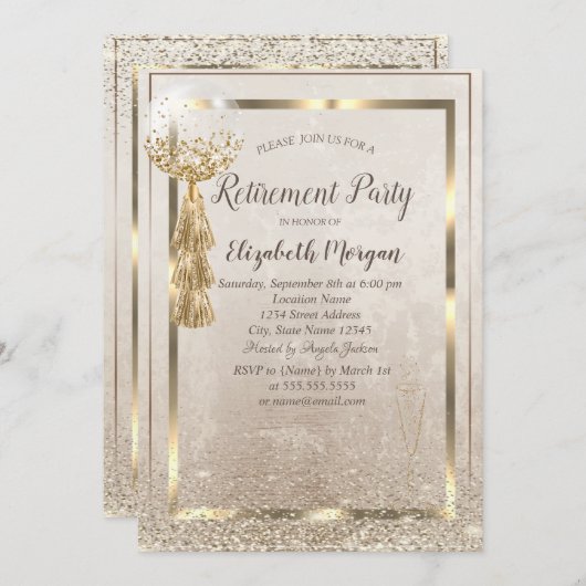 Goldrahmen-Ballon, Glass Confetti-Ruhestand Einladung (Vorne/Hinten)