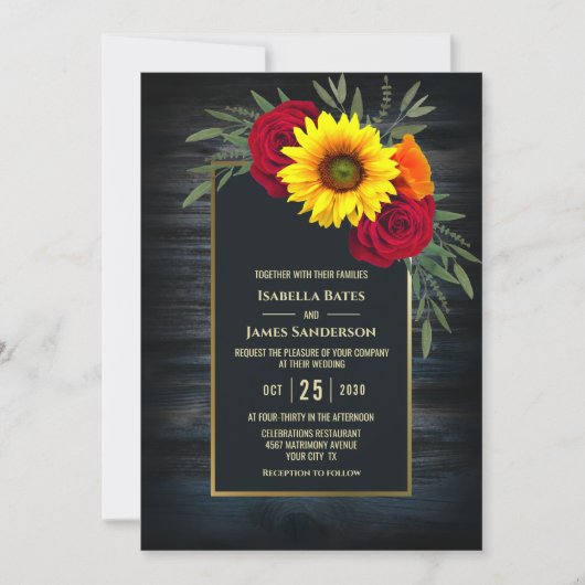 Goldrahmen Barnwood Sonnenblumen Hochzeit Einladung (Vorderseite)