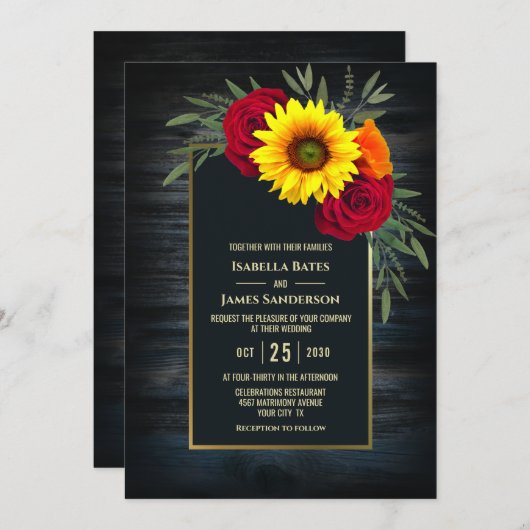 Goldrahmen Barnwood Sonnenblumen Hochzeit Einladung (Vorne/Hinten)