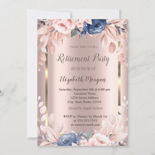 Goldrahmen, Blüten Rose Gold Rente Einladung (Vorderseite)