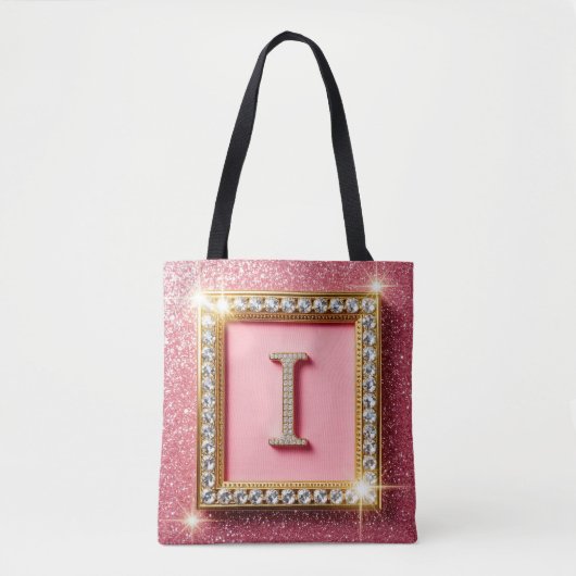Goldrahmen Diamant Initiale I Rosa Glitter Monogra Tasche (Vorderseite)