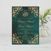 Goldrahmen dunkelgrüne islamische Hochzeit Einladung (Stehend Vorderseite)