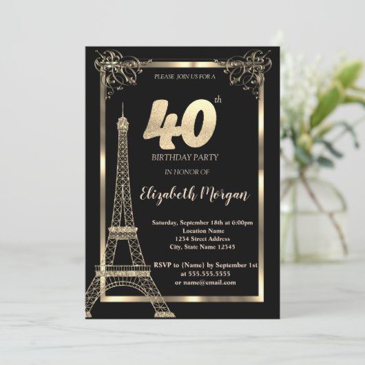 Goldrahmen, Eiffelturm, 40. Geburtstag Party Einladung (Stehend Vorderseite)