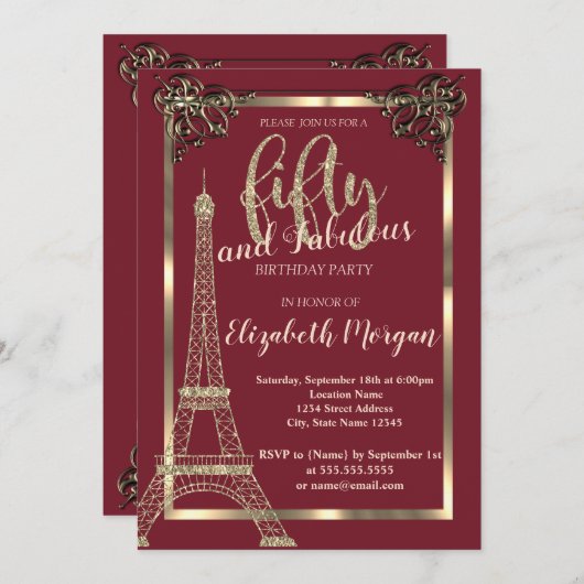 Goldrahmen, Eiffelturm Burgund 50. Geburtstag Einladung (Vorne/Hinten)