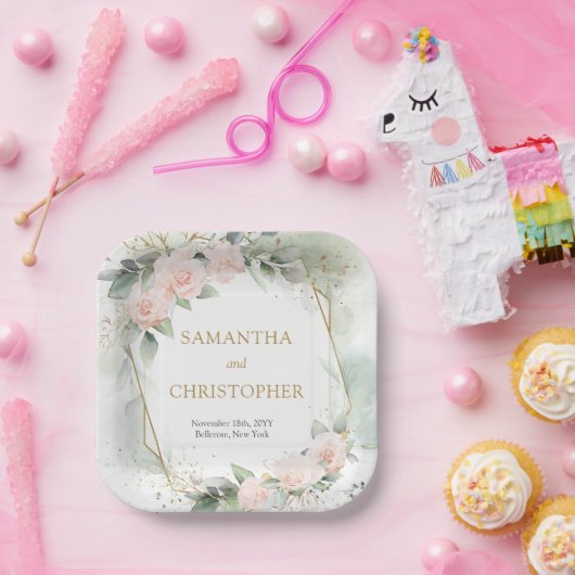 Goldrahmen-Eukalyptus-Hochzeit in Chic Blush Rose Pappteller (Party)