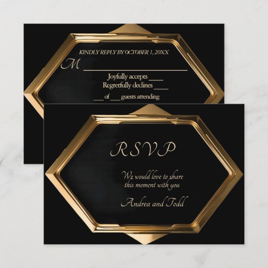 Goldrahmen gegen Hochzeit mit schwarzem Hintergrun RSVP Karte (Vorne/Hinten)
