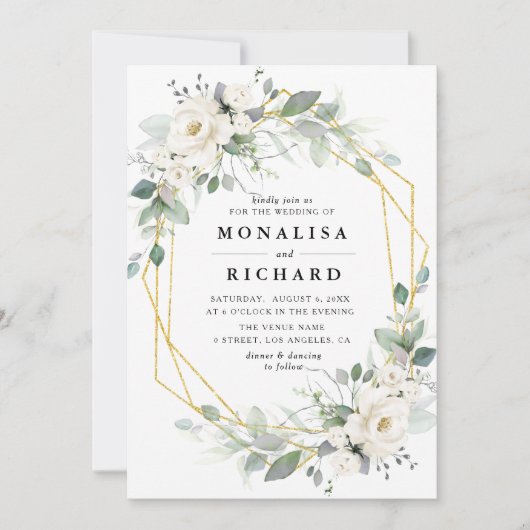 Goldrahmen-Hochzeit mit weißem Blütengold Einladung (Vorderseite)