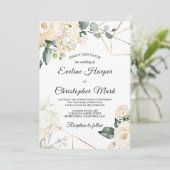 Goldrahmen-Hochzeit von Boho, Weißrosen Einladung (Stehend Vorderseite)