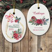 Goldrahmen Holiday Bouquet Red Ribbon Personalisie Keramik Ornament