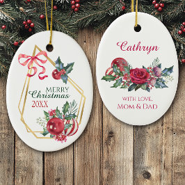 Goldrahmen Holiday Bouquet Red Ribbon Personalisie Keramik Ornament