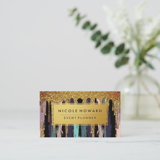 Goldrahmen-Kunstmuster | Gold Glitzer Tropfen Visitenkarte (Stehend Vorderseite)