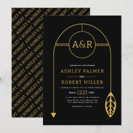 Goldrahmen mit Blatt, Initialen schwarze Hochzeit Einladung
