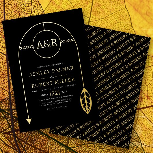 Goldrahmen mit Blatt, Initialen schwarze Hochzeit Folieneinladung