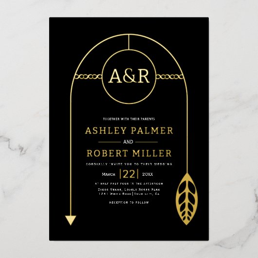 Goldrahmen mit Blatt, Initialen schwarze Hochzeit Folieneinladung (Vorderseite)