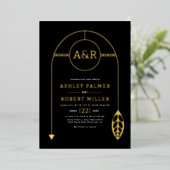 Goldrahmen mit Blatt, Initialen schwarze Hochzeit Folieneinladung (Stehend vorne)