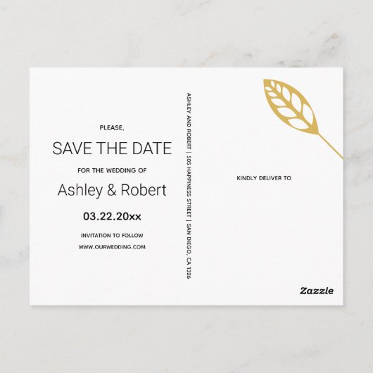 Goldrahmen mit Blatt und Initialen Save the Date Postkarte (Rückseite)
