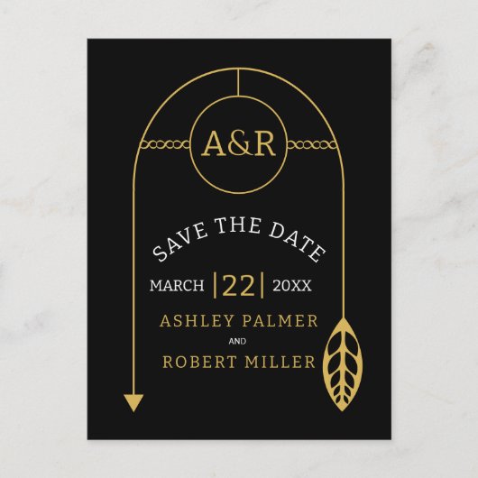 Goldrahmen mit Blatt und Initialen Save the Date Postkarte (Vorderseite)