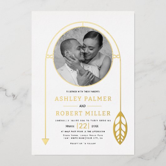 Goldrahmen mit Foto- und Blattweiße Hochzeit Folieneinladung (Vorderseite)