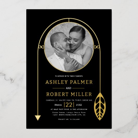 Goldrahmen mit schwarzem Blatt und Foto Folieneinladung (Vorderseite)