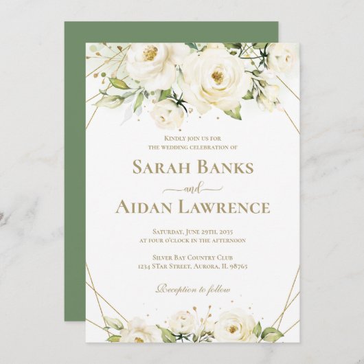 Goldrahmen mit weißer Rose Einladung (Vorne/Hinten)