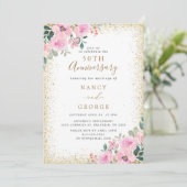 Goldrahmen Rosa Blütenblume 50. Hochzeitstag Einladung (Stehend Vorderseite)