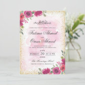 Goldrahmen Rosa florale islamische Hochzeit Einladung (Stehend Vorderseite)