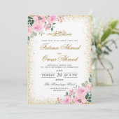 Goldrahmen Rosa florale islamische Hochzeit Einladung (Stehend Vorderseite)
