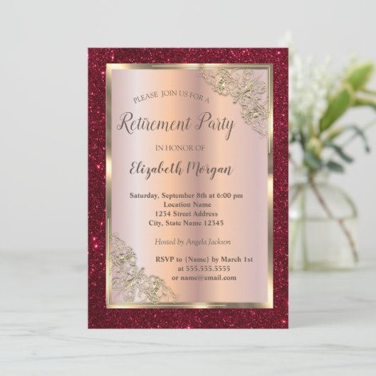 Goldrahmen, Rose Gold, Roter Glitzer Ermäßigung Einladung (Stehend Vorderseite)