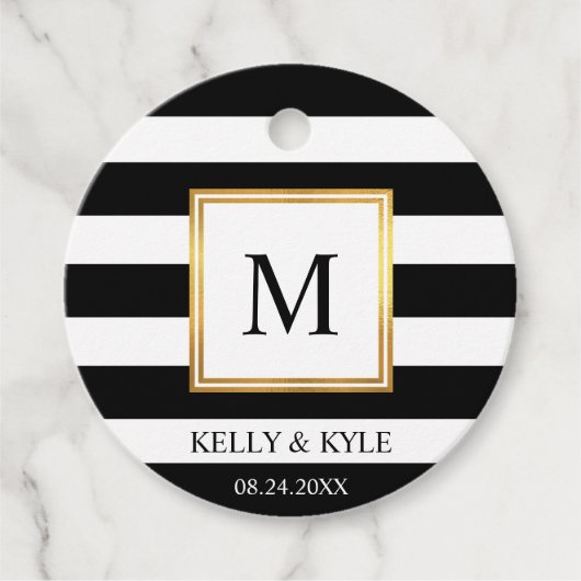 Goldrahmen Schwarz-weiße Streifen Monogram Wedding Geschenkanhänger (Vorderseite)