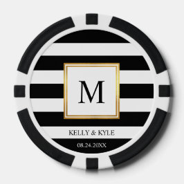 Goldrahmen Schwarz-weiße Streifen Monogram Wedding Pokerchips